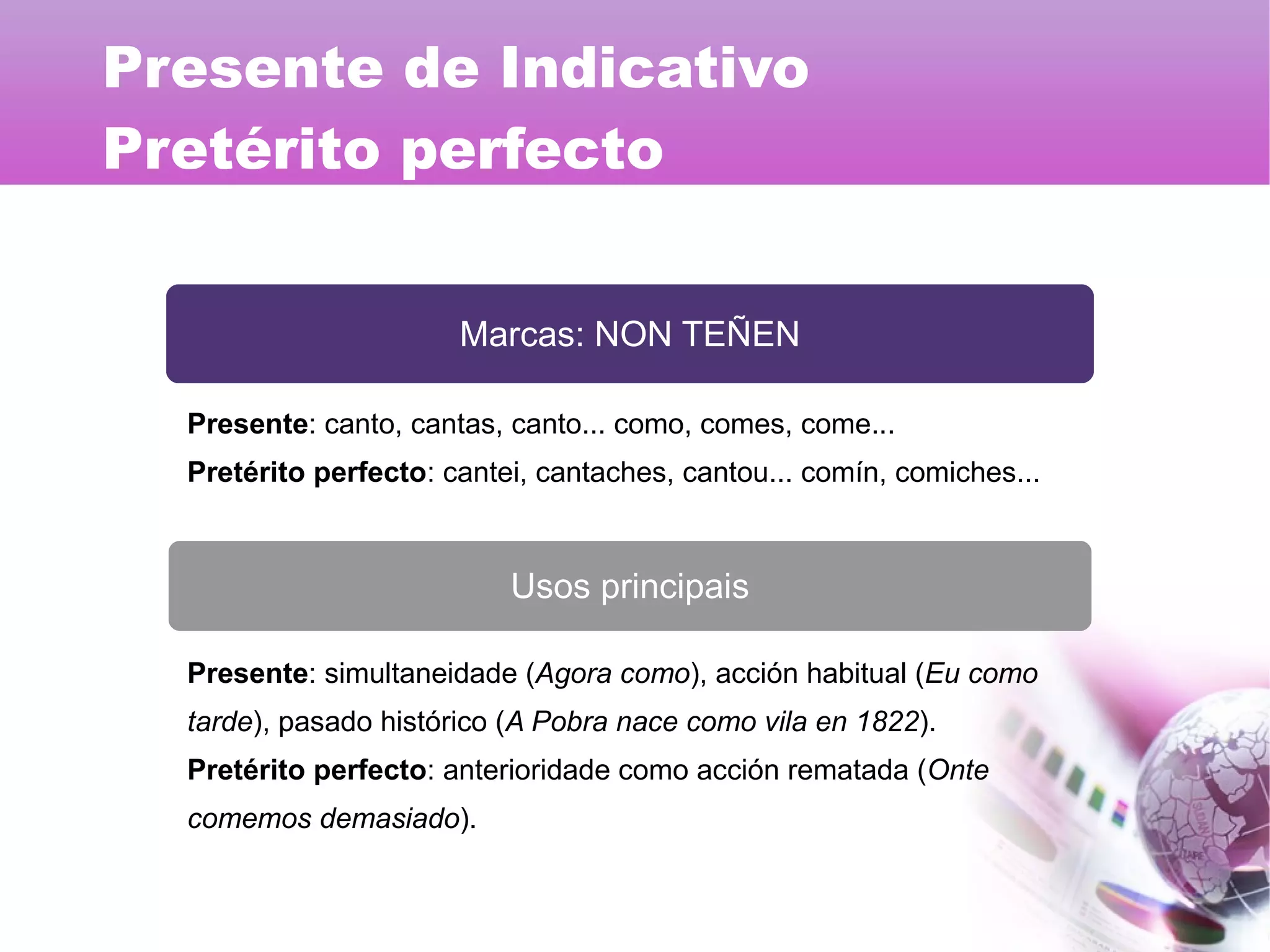 Marcas: NON TEÑEN
Usos principais
Presente: canto, cantas, canto... como, comes, come...
Pretérito perfecto: cantei, cantaches, cantou... comín, comiches...
Presente: simultaneidade (Agora como), acción habitual (Eu como
tarde), pasado histórico (A Pobra nace como vila en 1822).
Pretérito perfecto: anterioridade como acción rematada (Onte
comemos demasiado).
Presente de Indicativo
Pretérito perfecto
 