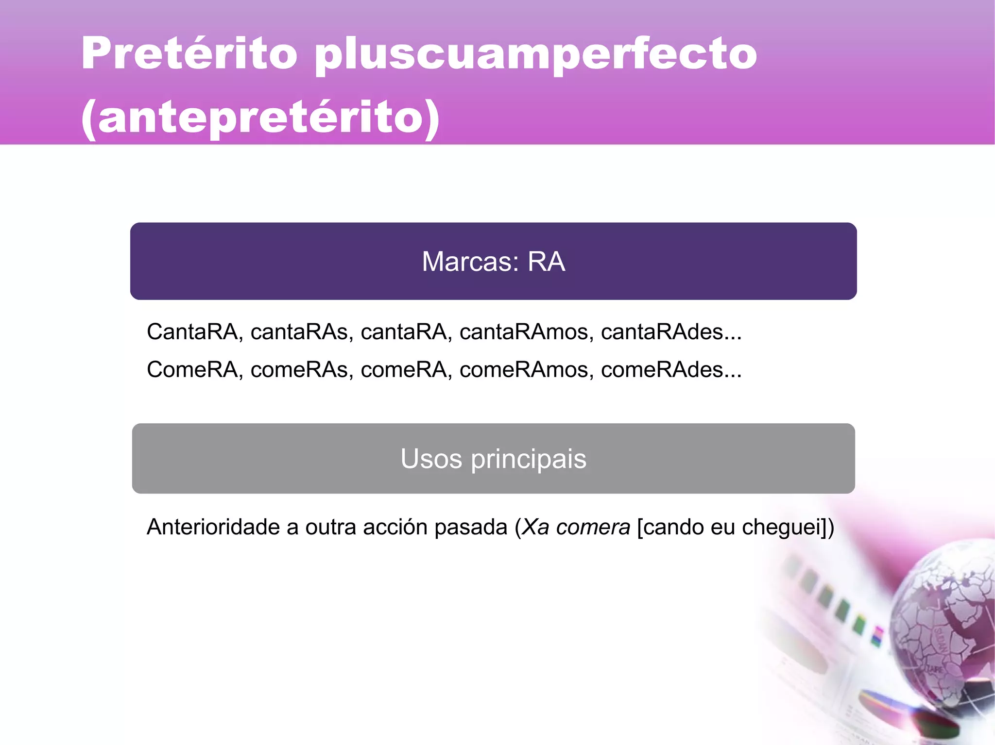Marcas: RA
Usos principais
CantaRA, cantaRAs, cantaRA, cantaRAmos, cantaRAdes...
ComeRA, comeRAs, comeRA, comeRAmos, comeRAdes...
Anterioridade a outra acción pasada (Xa comera [cando eu cheguei])
Pretérito pluscuamperfecto
(antepretérito)
 