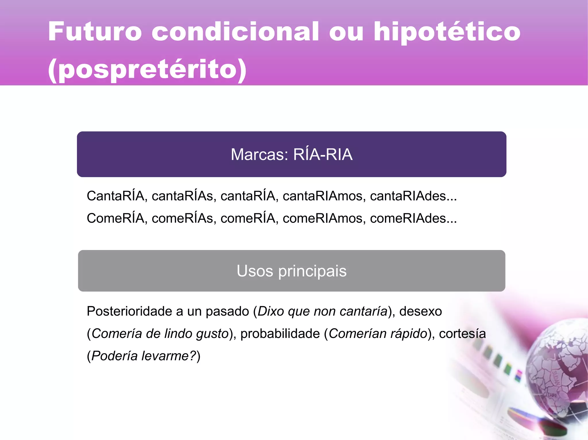 Marcas: RÍA-RIA
Usos principais
CantaRÍA, cantaRÍAs, cantaRÍA, cantaRIAmos, cantaRIAdes...
ComeRÍA, comeRÍAs, comeRÍA, comeRIAmos, comeRIAdes...
Posterioridade a un pasado (Dixo que non cantaría), desexo
(Comería de lindo gusto), probabilidade (Comerían rápido), cortesía
(Podería levarme?)
Futuro condicional ou hipotético
(pospretérito)
 