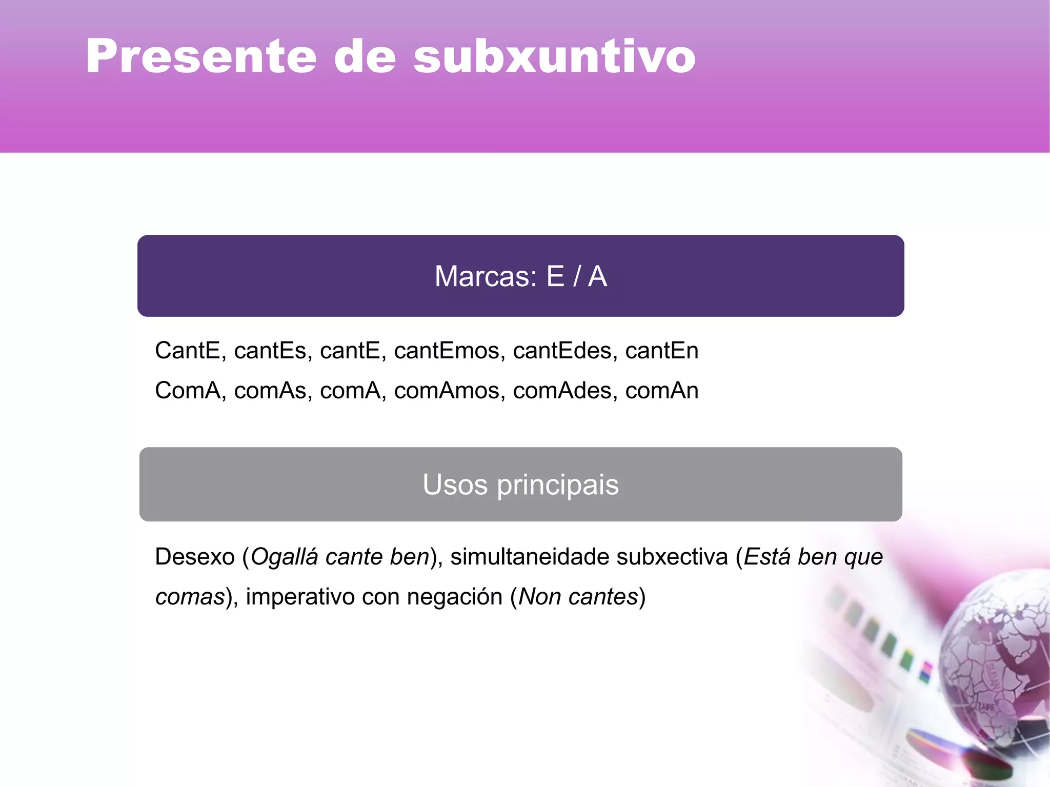 Marcas: E / A
Usos principais
CantE, cantEs, cantE, cantEmos, cantEdes, cantEn
ComA, comAs, comA, comAmos, comAdes, comAn
Desexo (Ogallá cante ben), simultaneidade subxectiva (Está ben que
comas), imperativo con negación (Non cantes)
Presente de subxuntivo
 