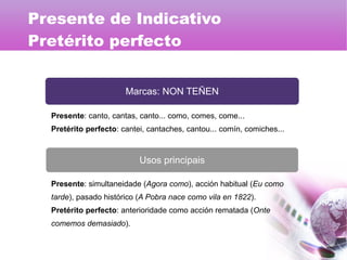 Marcas: NON TEÑEN
Usos principais
Presente: canto, cantas, canto... como, comes, come...
Pretérito perfecto: cantei, cantaches, cantou... comín, comiches...
Presente: simultaneidade (Agora como), acción habitual (Eu como
tarde), pasado histórico (A Pobra nace como vila en 1822).
Pretérito perfecto: anterioridade como acción rematada (Onte
comemos demasiado).
Presente de Indicativo
Pretérito perfecto
 