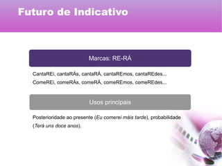 Marcas: RE-RÁ
Usos principais
CantaREi, cantaRÁs, cantaRÁ, cantaREmos, cantaREdes...
ComeREi, comeRÁs, comeRÁ, comeREmos, comeREdes...
Posterioridade ao presente (Eu comerei máis tarde), probabilidade
(Terá uns doce anos).
Futuro de Indicativo
 