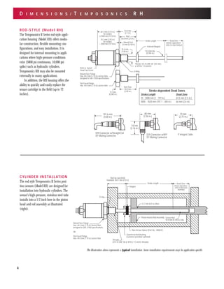 D I M E N S I O N S / T E M P O S O N I C S R H
O-ring
Magnet
Non-ferrous Spacer (Part No.: 400633)
Chamfered Rod Bushing
(Customer provided, optional)
Threads
(3/4-16 UNF-3A or M18 x 1.5 metric threads)
Null (as specified)
Standard: 50.8 mm (2.0 in.)
(Stroke dependent -
refer to dimension
drawings)
Stroke Length
Piston Head & Rod Assembly
12.7 mm (0.5 in.) Bore
Sensor Rod
10.0 mm (0.394 in.) dia.
Raised-Face Flange
Hex: 44.5 mm (1.75 in.) across flats,
designed to SAE J1926 specifications
OR
Flat-Faced Flange
Hex: 44.5 mm (1.75 in.) across flats
Dead Zone
CYLINDER INSTALLATION
The rod style Temposonics R Series posi-
tion sensors (Model RH) are designed for
installation into hydraulic cylinders. The
sensor’s high-pressure, stainless steel tube
installs into a 1/2 inch bore in the piston
head and rod assembly as illustrated
(right).
The illustration above represents a typical installation. Some installation requirements may be application specific.
ROD-STYLE (Model RH)
The Temposonics R Series rod-style appli-
cation housing (Model RH) offers modu-
lar construction, flexible mounting con-
figurations, and easy installation. It is
designed for internal mounting in appli-
cations where high-pressure conditions
exist (5000 psi continuous, 10,000 psi
spike) such as hydraulic cylinders.
Temposonics RH may also be mounted
externally in many applications.
In addition, the RH housing offers the
ability to quickly and easily replace the
sensor cartridge in the field (up to 72
inches).
64.3 mm (2.53 in.)
for strokes
≤ 3500 mm (137.8 in.)
74.3 mm (2.92 in.)
for strokes
> 3500 mm (137.8 in.)
9/64-in. Socket
Head Cap Screw
Raised Face
2.5 mm (0.10 in.)
53.0 mm
(2.1 in.)
Stroke Length
External Magnet
(Stroke dependent -
refer to chart below)
10.0 mm dia.
(0.394 in.)
O-Ring
Thread, 3/4-16 UNF-3A (US Std.)
or M18 x 1.5 (metric)
25.4 mm
(1.00 in.)
Raised-Face Flange
Hex: 44.5 mm (1.75 in.) across flats,
designed to SAE J1926 specifications
Flat-Faced Flange
Hex: 44.5 mm (1.75 in.) across flats
9.7 mm
(0.380 in.)
Dead Zone
Null
50.8 mm (2.0 in.)
Null Zone
50.8 mm
(2.00 in.) Stroke-dependent Dead Zones
Stroke Length Dead Zone
25 - 5000 mm (1 - 197 in.) 63.5 mm (2.5 in.)
5005 - 7620 mm (197.1 - 300 in.) 66 mm (2.6 in)
4
70 mm
(2.75 in.)
101.6 mm
(4.00 in.)
D70 Connector w/Straight Exit
D7 Mating Connector D70 Connector w/90°
D7 Mating Connector
60 mm
(2.36 in.)
54 mm
(2.16 in.)
P Integral Cable
 