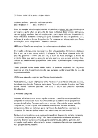 (3) Ontem visitei Lúcia; antes, visitara Maria.
pretérito perfeito pretérito mais-que-perfeito
passado posterior passado anterior
Além dos tempos verbais explicitamente do pretérito, o tempo passado também pode
ser expresso pelo futuro do pretérito do modo indicativo. Esse tempo é conjugado,
para os verbos regulares das três conjugações, como segue: O futuro do pretérito do
modo indicativo também é empregado para expressar um passado posterior. Essa,
inclusive, é a origem de sua denominação. Ele expressa um fato passado, mas futuro
em relação a outro fato passado. Observe o exemplo:
(4) Ontem, Rita afirmou ao pai que chegaria um pouco depois do jantar.
Em relação ao tempo, essa frase expressa dois fatos passados. A informação dada por
Rita a seu pai é um evento anterior à chegada de Rita. Para expressar este fato
passado, posterior a outro fato passado, o autor da frase empregou o futuro do
pretérito. Note que agora o pretérito perfeito expressa um passado anterior. Rela-
cionado ao pretérito mais-que-perfeito, como vimos, o perfeito expressa um passado
posterior.
Como qualquer forma deste modo verbal, o pretérito imperfeito do subjuntivo
expressa um fato de ocorrência incerta, algo que pode ou não ter ocorrido. É o caso do
seguinte enunciado:
(5) Semana passada, eu pensei que Tiago estivesse doente.
Nesta sentença, o autor empregou a forma “estivesse” para indicar uma ação passada,
duradoura, mas incerta. É certeza que o autor “pensou”, mas não é certeza que Tiago
esteve doente “semana passada”. Por isso, a opção pelo pretérito imperfeito
do subjuntivo.
O Pretérito Composto
Notamos inicialmente que, em português moderno, o pretérito mais-que-perfeito
composto do indicativo é muito mais frequente que o pretérito mais-que-perfeito
simples do indicativo. É comum ouvirmos as pessoas falaremtinha amado ou tinha
comparecido, ao passo que é relativamente raro ouvirmos falarem amara ou
comparecera. Note-se, inclusive, que o significado das duas formas, a simples e a
composta, é o mesmo. Ambas servem para expressar o passado anterior.
Também devemos atentar para o uso contemporâneo do pretérito perfeito composto
do indicativo. Em português antigo, uma forma como tenho amado era realmente
sinonima de amei (daí a denominação, para essa forma, de pretérito perfeito). Em
português atual, porém, a forma tenho amado expressa um fato iniciado no passado
mas que persiste no presente.
 