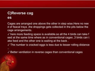 C)Reverse cag
es
Cages are arranged one above the other in step wise.Here no nee
d of feacal trays ,the droppings gets collected in the pits below the
cage arrangements.
✓ here more feeding space is available.so all the 4 birds can take f
eed at the same time where as in conventional cages ,3 birds can t
ake feed and the other one is waiting at the back .
✓ The number is cracked eggs is less due to lesser rolling distance
..
✓ Better ventilation in reverse cages than conventional cages
 