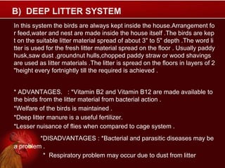 B) DEEP LITTER SYSTEM
In this system the birds are always kept inside the house.Arrangement fo
r feed,water and nest are made inside the house itself .The birds are kep
t on the suitable litter material spread of about 3" to 5" depth .The word li
tter is used for the fresh litter material spread on the floor . Usually paddy
husk,saw dust ,groundnut hulls,chopped paddy straw or wood shavings
are used as litter materials .The litter is spread on the floors in layers of 2
"height every fortnightly till the required is achieved .
* ADVANTAGES. : *Vitamin B2 and Vitamin B12 are made available to
the birds from the litter material from bacterial action .
*Welfare of the birds is maintained .
*Deep litter manure is a useful fertilizer.
*Lesser nuisance of flies when compared to cage system .
*DISADVANTAGES : *Bacterial and parasitic diseases may be
a problem .
* Respiratory problem may occur due to dust from litter
 