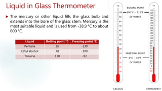 Liquid in Glass Thermometer
 The mercury or other liquid fills the glass bulb and
extends into the bore of the glass stem. Mercury is the
most suitable liquid and is used from -38.9 °C to about
600 °C.
Liquid Boiling point °C Freezing point °C
Pentane 36 -130
Ethyl alcohol 78 -100
Toluene 110 -92
 
