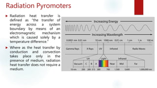 Radiation Pyromoters
 Radiation heat transfer is
defined as “the transfer of
energy across a system
boundary by means of an
electromagnetic mechanism
which is caused solely by a
temperature difference.”
 Where as the heat transfer by
conduction and convection
takes place only in the
presence of medium, radiation
heat transfer does not require a
medium.
 