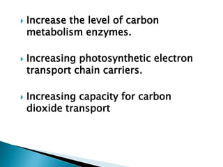  Increase the level of carbon
metabolism enzymes.
 Increasing photosynthetic electron
transport chain carriers.
 Increasing capacity for carbon
dioxide transport
 