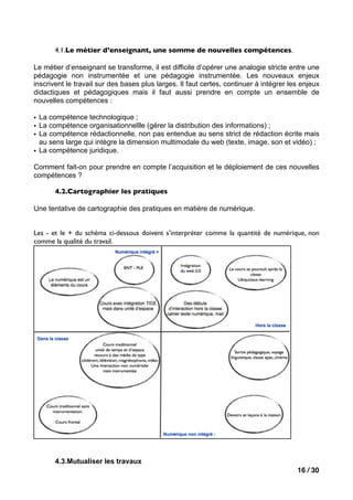 4.1.Le métier d’enseignant, une somme de nouvelles compétences.

Le métier d’enseignant se transforme, il est difficile d’opérer une analogie stricte entre une
pédagogie non instrumentée et une pédagogie instrumentée. Les nouveaux enjeux
inscrivent le travail sur des bases plus larges. Il faut certes, continuer à intégrer les enjeux
didactiques et pédagogiques mais il faut aussi prendre en compte un ensemble de
nouvelles compétences :

• La compétence technologique ;
• La compétence organisationnellle (gérer la distribution des informations) ;
• La compétence rédactionnelle, non pas entendue au sens strict de rédaction écrite mais
  au sens large qui intègre la dimension multimodale du web (texte, image, son et vidéo) ;
• La compétence juridique.

Comment fait-on pour prendre en compte l’acquisition et le déploiement de ces nouvelles
compétences ?

       4.2.Cartographier les pratiques

Une tentative de cartographie des pratiques en matière de numérique.


Les - et le + du schéma ci-dessous doivent s’interpréter comme la quantité de numérique, non
comme la qualité du travail.




       4.3.Mutualiser les travaux
                                                                                        16 / 30
 