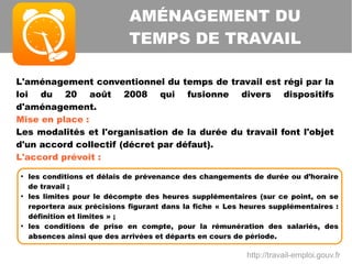 L'aménagement conventionnel du temps de travail est régi par la
loi du 20 août 2008 qui fusionne divers dispositifs
d'aménagement.
Mise en place :
Les modalités et l'organisation de la durée du travail font l'objet
d'un accord collectif (décret par défaut).
L'accord prévoit :
AMÉNAGEMENT DU
TEMPS DE TRAVAIL
●
les conditions et délais de prévenance des changements de
durée ou d’horaire de travail ;
●
les limites pour le décompte des heures supplémentaires ;
●
les conditions de prise en compte, pour la rémunération des
salariés, des absences ainsi que des arrivées et départs en
cours de période.
http://travail-emploi.gouv.fr
 