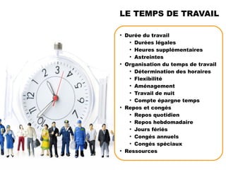 ●
Durée du travail
●
Durées légales
●
Heures supplémentaires
●
Astreintes
●
Organisation du temps de travail
●
Détermination des horaires
●
Flexibilité
●
Aménagement
●
Travail de nuit
●
Compte épargne temps
●
Repos et congés
●
Repos quotidien
●
Repos hebdomadaire
●
Jours fériés
●
Congés annuels
●
Congés spéciaux
●
Ressources
LE TEMPS DE TRAVAIL
 