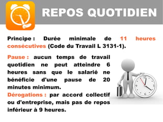 Principe : Durée minimale de 11 heures
consécutives (Code du Travail L 3131-1).
REPOS QUOTIDIEN
Pause : aucun temps de travail
quotidien ne peut atteindre 6
heures sans que le salarié ne
bénéficie d'une pause de 20
minutes minimum.
Dérogations : par accord collectif
ou d'entreprise, mais pas de repos
inférieur à 9 heures.
 