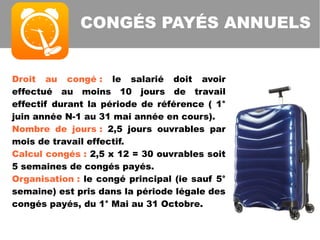 Droit au congé : le salarié doit avoir
effectué au moins 10 jours de travail
effectif durant la période de référence ( 1°
juin année N-1 au 31 mai année en cours).
Nombre de jours : 2,5 jours ouvrables par
mois de travail effectif.
Calcul congés : 2,5 x 12 = 30 ouvrables soit
5 semaines de congés payés.
Organisation : le congé principal (ie sauf 5°
semaine) est pris dans la période légale des
congés payés, du 1° Mai au 31 Octobre.
CONGÉS PAYÉS ANNUELS
 