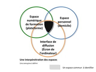 Espace
numérique
de formation
(plateforme)
Espace
personnel
(domicile)
Interface de
diffusion
(Écran de
l’ordinateur)
Une interpénétration des espaces
Une zone grise à définir
Un espace commun à identifier
 