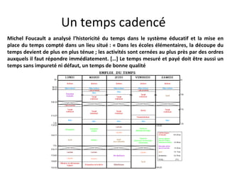 Un temps cadencé
Michel Foucault a analysé l’historicité du temps dans le système éducatif et la mise en
place du temps compté dans un lieu situé : « Dans les écoles élémentaires, la découpe du
temps devient de plus en plus ténue ; les activités sont cernées au plus près par des ordres
auxquels il faut répondre immédiatement. […] Le temps mesuré et payé doit être aussi un
temps sans impureté ni défaut, un temps de bonne qualité
 