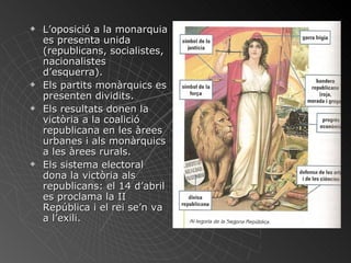 L’oposició a la monarquia es presenta unida (republicans, socialistes, nacionalistes d’esquerra). Els partits monàrquics es presenten dividits. Els resultats donen la victòria a la coalició republicana en les àrees urbanes i als monàrquics a les àrees rurals. Els sistema electoral dona la victòria als republicans: el 14 d’abril es proclama la II República i el rei se’n va a l’exili. 