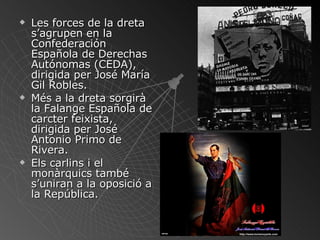 Les forces de la dreta s’agrupen en la Confederación Española de Derechas Autónomas (CEDA), dirigida per José María Gil Robles. Més a la dreta sorgirà la Falange Española de carcter feixista, dirigida per José Antonio Primo de Rivera. Els carlins i el monàrquics també s’uniran a la oposició a la República. 
