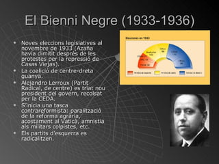 El Bienni Negre (1933-1936) Noves eleccions legislatives al novembre de 1933 (Azaña havia dimitit després de les protestes per la repressió de Casas Viejas). La coalició de centre-dreta guanya. Alejandro Lerroux (Partit Radical, de centre) es triat nou president del govern, recolsat per la CEDA. S’inicia una tasca contrareformista: paralització de la reforma agrària, acostament al Vaticà, amnistia als militars colpistes, etc. Els partits d’esquerra es radicalitzen. 