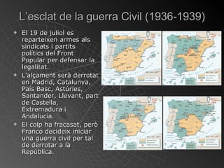 L’esclat de la guerra Civil (1936-1939) El 19 de juliol es reparteixen armes als sindicats i partits polítics del Front Popular per defensar la legalitat. L’alçament serà derrotat en Madrid, Catalunya, País Basc, Astúries, Santander, Llevant, part de Castella, Extremadura i Andalucia. El colp ha fracasat, però Franco decideix iniciar una guerra civil per tal de derrotar a la República.  