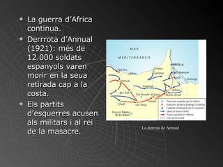 La guerra d’Africa continua.  Derrrota d’Annual (1921): més de 12.000 soldats espanyols varen morir en la seua retirada cap a la costa. Els partits d’esquerres acusen als militars i al rei de la masacre. La derrota de Annual 