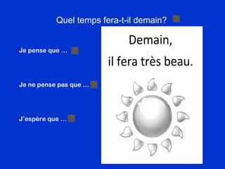 Quel temps fera-t-il demain? Je pense que … Je ne pense pas que … J’esp ère que … 