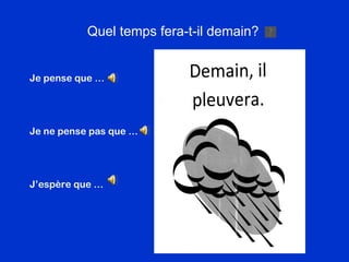 Quel temps fera-t-il demain? Je pense que … Je ne pense pas que … J’esp ère que … 