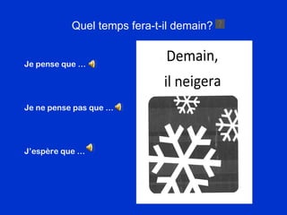 Quel temps fera-t-il demain? Je pense que … Je ne pense pas que … J’esp ère que … 