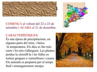 COMENÇA al voltant del 22 o 23 de
setembre i ACABA el 21 de desembre.

CARACTERÍSTIQUES:
És una època de precipitacions, en
algunes parts del món, i baixa
 la temperatura. Els dies es fan més
curts i les nits s'allarguen. Les plantes
perden la clorofil·la i les fulles es
tornen grogues o vermelloses i cauen.
Els animals es preparen per al temps
fred i emmagatzemen menjar.
 