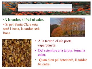 •A la tardor, ni fred ni calor.
• Si per Santa Clara està
seré i trona, la tardor serà
bona.

                        • A la tardor, el dia porta
                          espardenyes.
                        • Del setembre a la tardor, torna la
                          calor.
                        • Quan plou pel setembre, la tardor
                          bé entra.
 