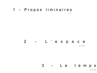 2 - L ’ e s p a c e
***
3 - L e t e m p s
***
1 - P r o p o s l i m i n a i r e s
***
 
