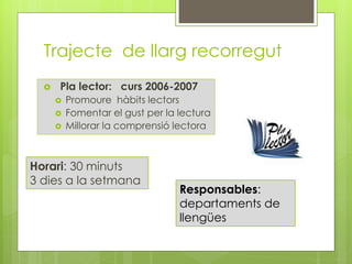 Trajecte de llarg recorregut
 Pla lector: curs 2006-2007
 Promoure hàbits lectors
 Fomentar el gust per la lectura
 Millorar la comprensió lectora
Responsables:
departaments de
llengües
Horari: 30 minuts
3 dies a la setmana
 