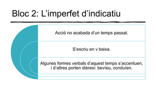 Bloc 2: L’imperfet d’indicatiu
Acció no acabada d’un temps passat.
S’escriu en v baixa.
Algunes formes verbals d’aquest temps s’accentuen,
i d’altres porten dièresi: bevíeu, conduïen.
 