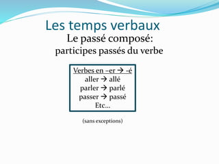 Les temps verbaux
Le passé composé:
participes passés du verbe
Verbes en –er  -é
aller  allé
parler  parlé
passer  passé
Etc…
(sans exceptions)
 