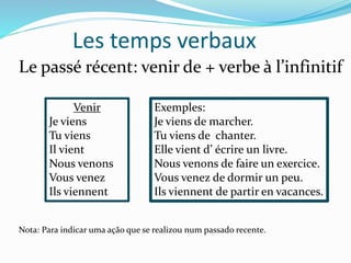 Les temps verbaux
Le passé récent: venir de + verbe à l’infinitif
Venir
Je viens
Tu viens
Il vient
Nous venons
Vous venez
Ils viennent
Exemples:
Je viens de marcher.
Tu viens de chanter.
Elle vient d’ écrire un livre.
Nous venons de faire un exercice.
Vous venez de dormir un peu.
Ils viennent de partir en vacances.
Nota: Para indicar uma ação que se realizou num passado recente.
 