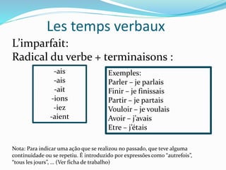 Les temps verbaux
L’imparfait:
Radical du verbe + terminaisons :
-ais
-ais
-ait
-ions
-iez
-aient
Exemples:
Parler – je parlais
Finir – je finissais
Partir – je partais
Vouloir – je voulais
Avoir – j’avais
Etre – j’étais
Nota: Para indicar uma ação que se realizou no passado, que teve alguma
continuidade ou se repetiu. É introduzido por expressões como “autrefois”,
“tous les jours”, … (Ver ficha de trabalho)
 
