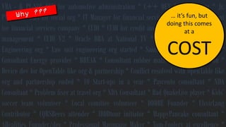 VBA-&PL-SQLDEVforautomotiveadministration*C++DEVforsocialorg*Jr. PM/OracleDBAforsocialorg*ITManagerforfinancialservicescompany*Consultantforfinancialservicescompany*CUDI*CUDIforcreditinsurance*CUDIforcarparkmanagement*CUDIV2*OracleDBAatNationalTV*Aestethics+*ConsultantEngineeringorg*Lawsuitengineeringorgstarted*Saint-Nicholasorgvolunteer* ConsultantEnergyprovider*BREAK*Consultantrubbermatsorg*Lawsuitwon* DevicedevforOpenTablelikeorg&partnership*ConflictresolvedwithOpenTablelikeorgandpartnershipended*10Start-upsinayear*Paycentoconsultant*NDAConsultant*Problemfixerattravelorg*NDAConsultant*BadQuakeLiveplayer*Kids’soccerteamvolunteer*Localcomitteevolunteer*DDDBEFounder*ElixirLangContributor*CQRSBeersattender*IDDDtourinitiator*HappyPancakeconsultant* ARealitiesFounder/dev*ProfessionalMayonaiseMaker*Tom-Fooleryatexcellence* … it’sfun, but doingthiscomesat a COST  