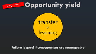 transferof learning 
Failure is goodifconsequencesare manageable 
Opportunity yield  
