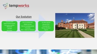Launched 1997
Global HQ Minneapolis
First system built for
Manpower
130 Staff
450 Clients
First to market with:
Mobile Services
Client & Candidate portals
Timeclocks
2011 – rolled out Enterprise
UK office opened
February 2015
Thremhall Park
Bishops Stortford
England
Our Evolution
 