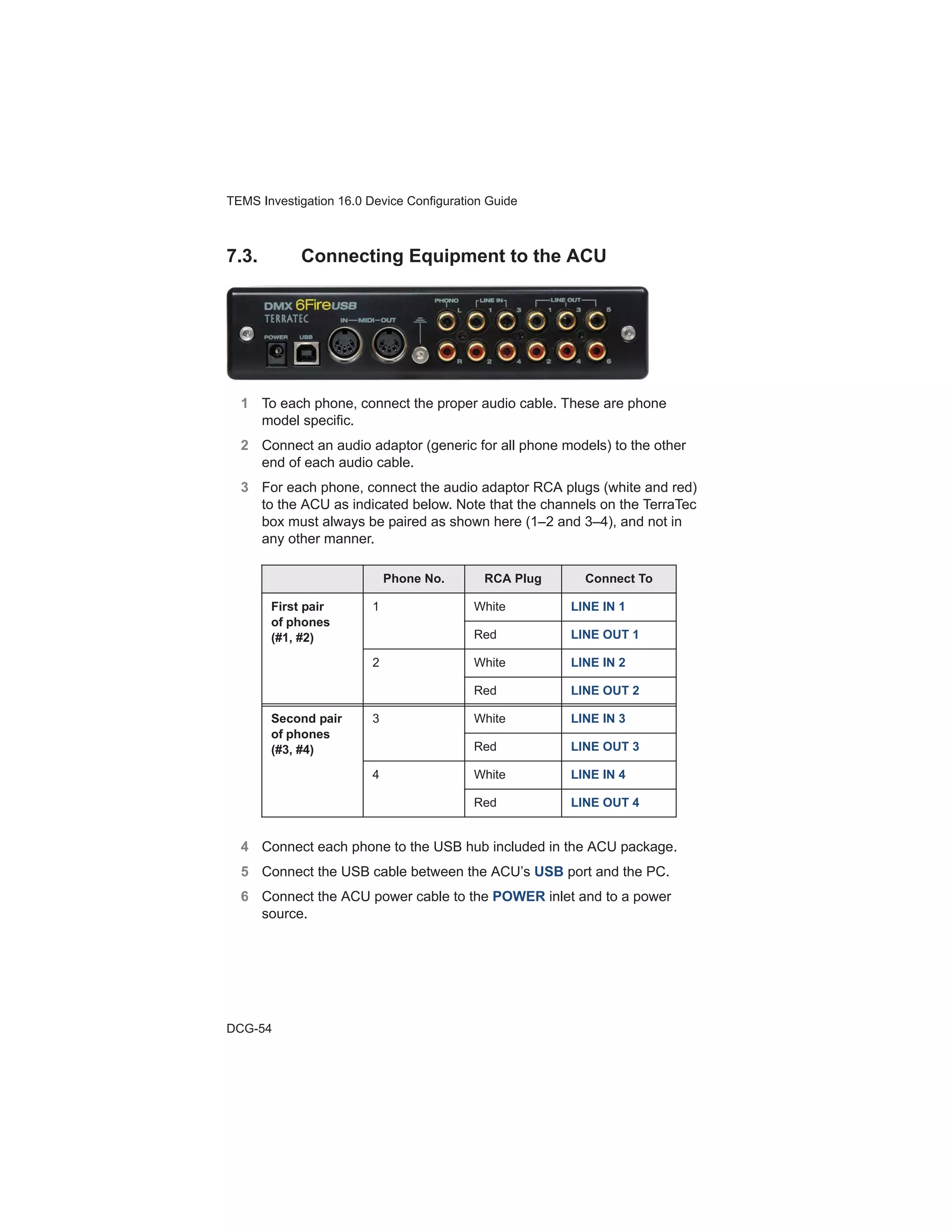 TEMS Investigation 16.0 Device Configuration Guide
DCG-54
7.3. Connecting Equipment to the ACU
1 To each phone, connect the proper audio cable. These are phone
model specific.
2 Connect an audio adaptor (generic for all phone models) to the other
end of each audio cable.
3 For each phone, connect the audio adaptor RCA plugs (white and red)
to the ACU as indicated below. Note that the channels on the TerraTec
box must always be paired as shown here (1–2 and 3–4), and not in
any other manner.
4 Connect each phone to the USB hub included in the ACU package.
5 Connect the USB cable between the ACU’s USB port and the PC.
6 Connect the ACU power cable to the POWER inlet and to a power
source.
Phone No. RCA Plug Connect To
First pair
of phones
(#1, #2)
1 White LINE IN 1
Red LINE OUT 1
2 White LINE IN 2
Red LINE OUT 2
Second pair
of phones
(#3, #4)
3 White LINE IN 3
Red LINE OUT 3
4 White LINE IN 4
Red LINE OUT 4
 