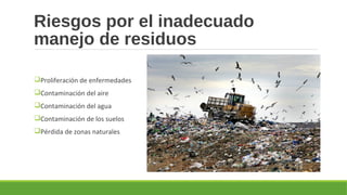 Riesgos por el inadecuado
manejo de residuos
Proliferación de enfermedades
Contaminación del aire
Contaminación del agua
Contaminación de los suelos
Pérdida de zonas naturales
 