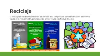 Reciclaje
El reciclaje es clasificar los residuos de acuerdo a su composición para ser utilizados de nuevo a
través de la recuperación, generación de un nuevo uso o definitivo desecho.
 