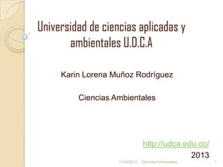 Universidad de ciencias aplicadas y
ambientales U.D.C.A
Karin Lorena Muñoz Rodríguez
Ciencias Ambientales
http://udca.edu.co/
2013
11/09/2013 Ciencias Ambientales 1
 