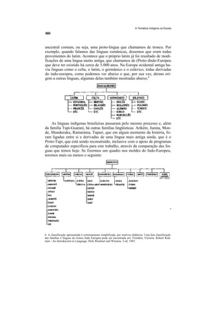 A Temática Indígena na Escola




ancestral comum, ou seja, uma proto-língua que chamamos de tronco. Por
exemplo, quando falamos das línguas românicas, dissemos que eram todas
provenientes do latim. Acontece que o próprio latim já foi resultado de modi-
ficações de uma língua muito antiga, que chamamos de (Proto-)Indo-Europeu
que deve ter existido há cerca de 5.000 anos. Na Europa ocidental antiga ha-
via línguas como o celta, o latim, o germânico e o eslávico, todas derivadas
do indo-europeu, como podemos ver abaixo e que, por sua vez, deram ori-
gem a outras línguas, algumas delas também mostradas abaixo.6




    As línguas indígenas brasileiras passaram pelo mesmo processo e, além
da família Tupi-Guarani, há outras famílias lingüísticas: Arikém, Junina, Mon-
de, Munduruku, Ramaráma, Tupari, que em algum momento da história, fo-
ram ligadas entre si e derivadas de uma língua mais antiga ainda, que é o
Proto-Tupi, que está sendo reconstruído, inclusive com o apoio de programas
de computador específicos para este trabalho, através da comparação das lín-
guas que temos hoje. Se fizermos um quadro nos moldes do Indo-Europeu,
teremos mais ou menos o seguinte:




6. A classificação apresentada é extremamente simplificada, por motivos didáticos. Uma boa classificação
das famílias e línguas do tronco Indo Europeu pode ser encontrada em: Fromkin, Victoria. Robert Rod-
man - An Introduction to Language. Holt, Rinehart and Winston, 3 ed. 1983.
 