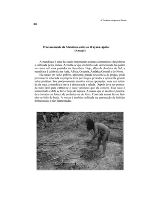 A Temática Indígena na Escola




      Processamento da Mandioca entre os Wayana-Apalai
                            (Amapá)


    A mandioca é uma das mais importantes plantas alimentícias descoberta
e cultivada pelos índios. Acredita-se que ela tenha sido domesticada há quatro
ou cinco mil anos passados na Amazônia. Hoje, além da América do Sul, a
mandioca é cultivada na Ásia, África, Oceania, América Central e do Norte.
    Ela nasce em solos pobres, apresenta grande resistência às pragas, pode
permanecer estocada na própria terra por longos períodos e apresenta grande
valor protéico. Seu processamento envolve várias operações: uma vez retira-
da da roça, a mandioca brava é descascada e ralada. Depois deve ser prensa-
da num tipiti para extrair-se o suco venenoso que ela contém. Esse suco é
armazenado e dele se faz o beiju de tapioca. A massa que aí resulta é peneira-
da e torrada em fornos de cerâmica ou de ferro. Com esta massa faz-se fari-
nha ou bolo de beiju. A massa é também utilizada na preparação de bebidas
fermentadas e não-fermentadas.
 