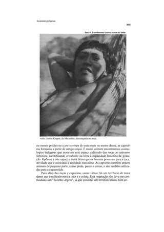 Sociedades indígenas




                                            Foto H. Foerthmann/Acervo Museu do índio




   índio Urubu-Kaapor, do Maranhão, descançando na rede.

ou menos produtivas e por terrenos de mata mais ou menos densa, as capoei-
ras formadas a partir de antigas roças. É muito comum encontrarmos cosmo-
logias indígenas que associam este espaço cultivado das roças ao universo
feminino, identificando o trabalho na terra à capacidade feminina de gesta-
ção. Opõe-se a este espaço a mata densa que os homens penetram para a caça,
atividade que é associada à virilidade masculina. As capoeiras também atraem
animais de pequeno porte, como preás, pacas e cotias, e são também utiliza-
das para a caça miúda.
     Para além das roças e capoeiras, como vimos, há um território de mata
densa que é utilizado para a caça e a coleta. Esta vegetação não deve ser con-
fundida com "floresta virgem", já que constitui um território muito bem co-
 