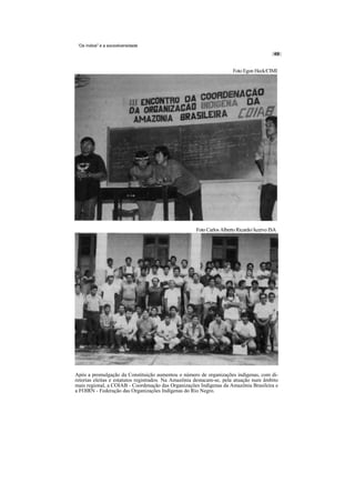 'Os índios" e a sociodiversidade




                                                                      Foto Egon Heck/CIMI




                                                     Foto Carlos Alberto Ricardo/Acervo ISA




Após a promulgação da Constituição aumentou o número de organizações indígenas, com di-
retorias eleitas e estatutos registrados. Na Amazônia destacam-se, pela atuação num âmbito
mais regional, a COIAB - Coordenação das Organizações Indígenas da Amazônia Brasileira e
a FOIRN - Federação das Organizações Indígenas do Rio Negro.
 