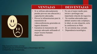 VENTAJAS DESVENTAJAS
• Si se utilizan adecuadamente
pueden proveer una educación y
capacitación adecuadas.
• Provee la infraestructura para la
transmisión de
videoconferencias generadas en
lugares distantes.
• Garantiza la transmisión del
mensaje adecuado utilizando el
mejor recurso humano
disponible.
• No son el mejor medio para
iniciar o prolongar una
importante relación de negocios.
• No resultan adecuadas para
debatir asuntos más complejos;
lo ideal, en esta situación, sería
la conferencia en Web.
• Es un sistema muy cerrado.
• Dependencia tecnológica.
http://yasserbombale.com/wp-
content/uploads/2014/01/Ventajas-y-Desventajas-del-Plan-
Compartido-de-Hostgator.jpg
 