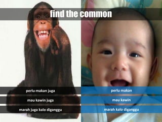 find the common




   perlu makan juga              perlu makan

    mau kawin juga                 mau kawin

marah juga kalo diganggu      marah kalo diganggu
 