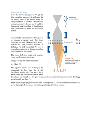 The diffracted beam
When the electron beam passes through the
thin crystalline sample, it is diffracted by
the atomic planes in the sample when the
Bragg condition is satisfied. These waves
interact constructively and are brought to
focus at the back focal plane of the objective
lens (seePlanes) to form the diffraction
pattern.
Unscattered electrons continue through to O
to produce a central spot. The beam
diffracted by angle 2ΘB produces a spot,
marked G. The distance between a
diffracted (G) and transmitted (O) spot is
inversely proportional to the corresponding
lattice spacing in the sample.
The beam deflection angle and electron
beam wavelength are important.
Bragg's law describes the interaction:
λ = 2d sin ΘB
This equation can be used as long as the
wavelength is less than the crystal
interplanar spacing (d). This works for a
TEM where the accelerated electron beam
describes a wavelength of a few pm. This means for most crystalline materials that the Bragg
angle is much less than 1°.
The Camera length (projection distance) is also important to know in order to calculate details
about the sample. It can be set when photographing a diffraction pattern.
 